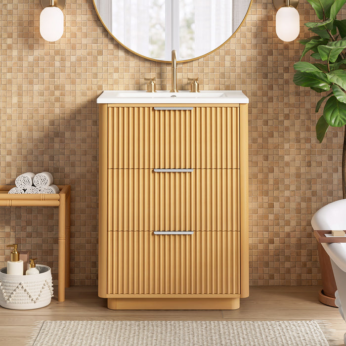 Bathroom Vanity With Sink, Open Shelf & Closed Storage - Natural Wood