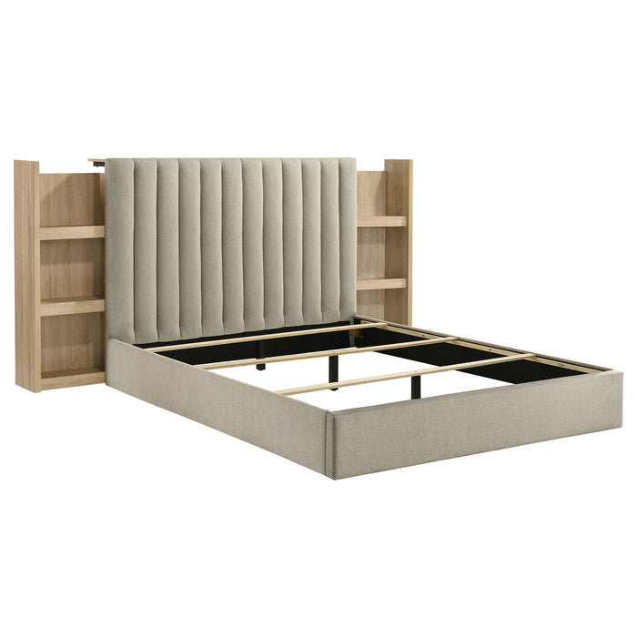 Merritt - Queen Bookcase Storage Bed With Tufted Headboard - Light Oak / Light Tan