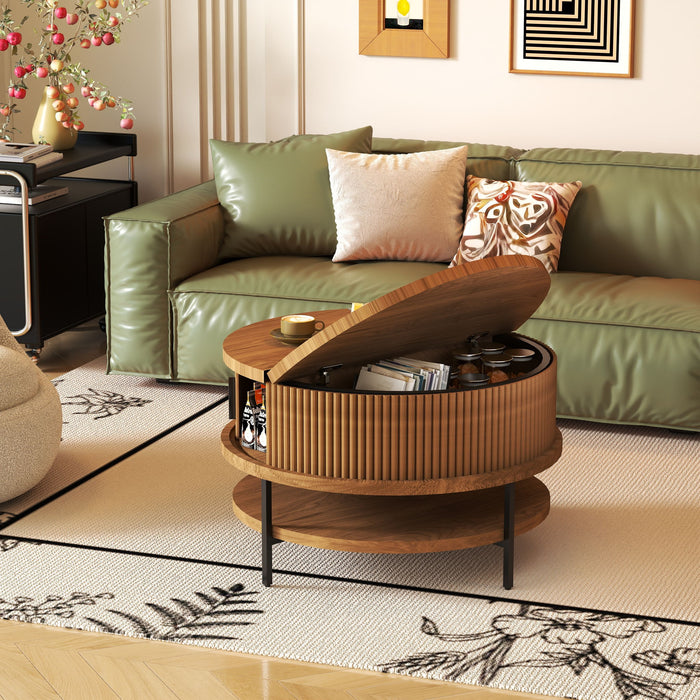 Flip-Top Round Coffee Table With Storage - Brown