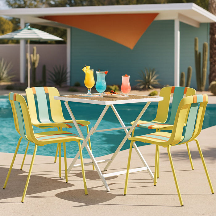 4 Piece Set Of Color Block Designed Single Chairs With Folding Square Table - Grain Yellow / Haze Green / Khaki / Tropical Orange / White