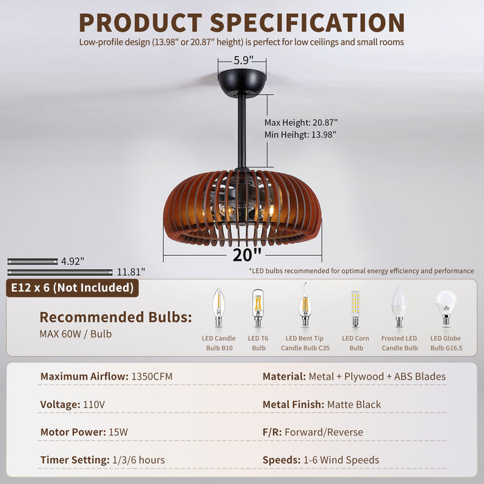 Pumpkin Ceiling Fan, Fandelier With 6 E12 Sockets, Reversible DC Motor, Adjustable Hanging, 6 Speeds Remote Control - Black