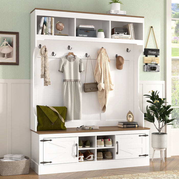 Hall Tree With Bench And Shoe Storage, 5 In 1 Entryway Organizer Cabinet With Coat Rack, 4 Shoe Cubbies & 7 Hooks - White