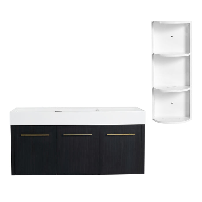 Modern Chestnut Wall Mounted Bathroom Vanity With Left Resin Sink And Storage Rack - Black Chestnut