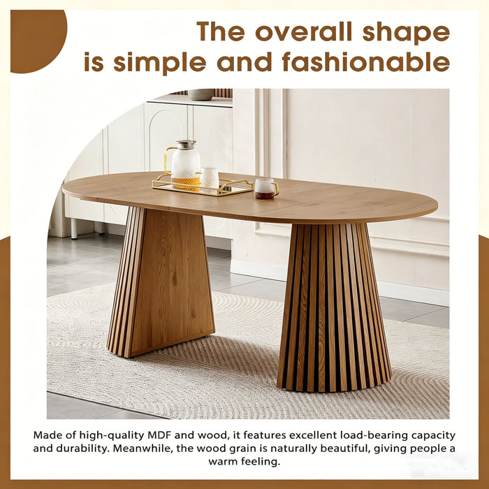 Dining Table, Flexible Extendable Oval Design With Slatted Legs - Natural Wood