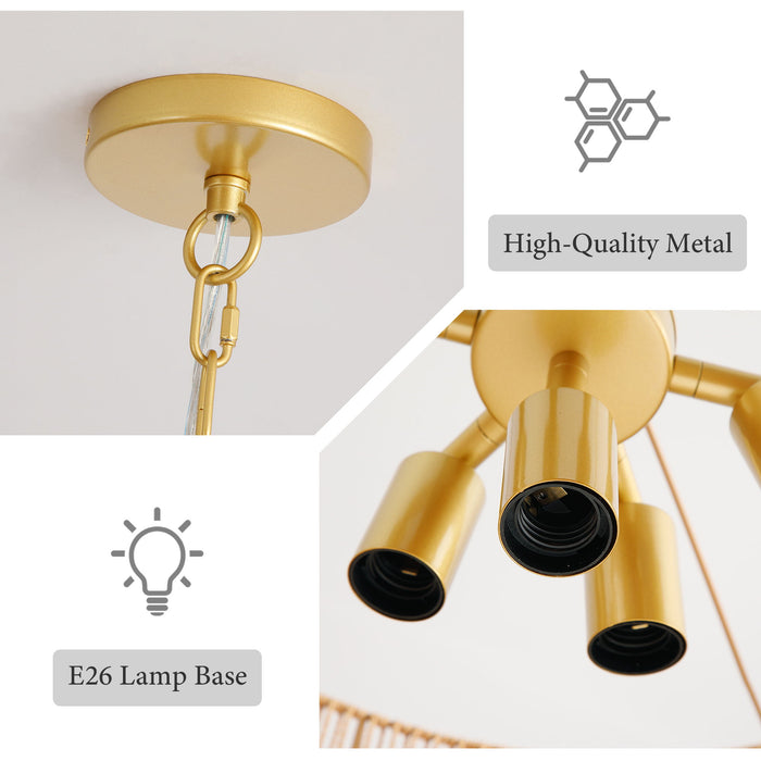 Chandelier With 7 Light E26 Base, Adjustable Height Wave Pendant Light For Living Room - Gold