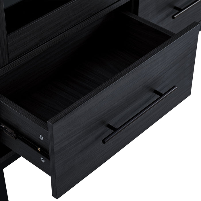 Modern Style Tall Display Cabinet With LED Lighting, Tempered Glass Door, 2 Drawers