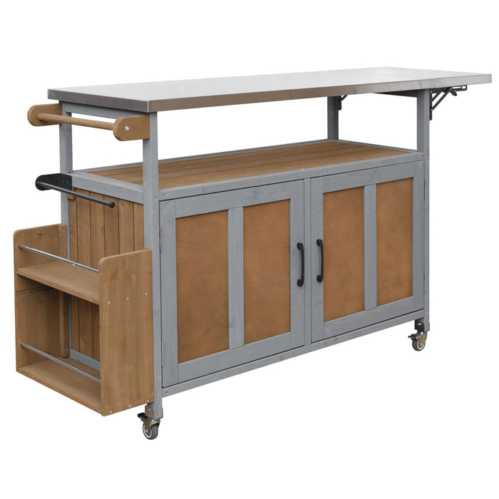 Foldable Outdoor Kitchen Island With Lockable Wheels, Storage Cabinet And Towel Rack For Patio