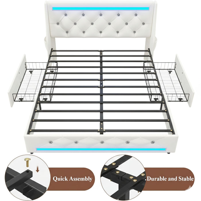 Wingback Upholstered Bed Frame With LED Lights, Charging Station