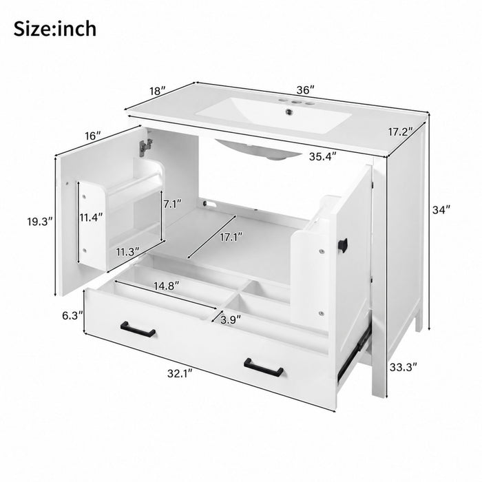 Bathroom Vanity With Sink, Soft Close Doors, Double Storage Shelves & Divided Drawer Ample Storage - White