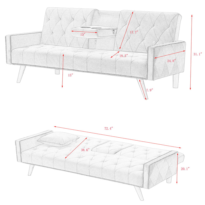 Sofa Bed With Nail Head Trim And Cup Holders - Pink