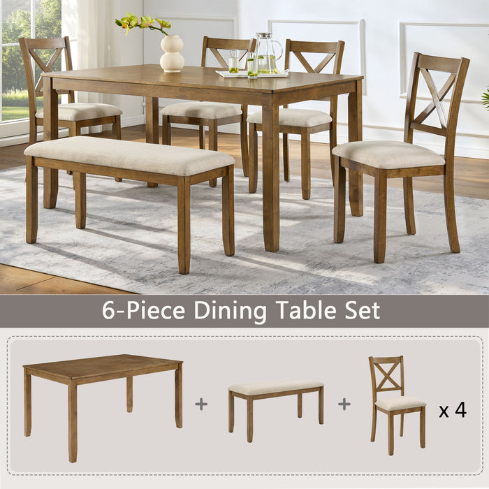 6 Piece Dining Table Set, Large Rectangular Table With Upholstered Bench & 4 X - Back Chairs, Kitchen Furniture - Oak
