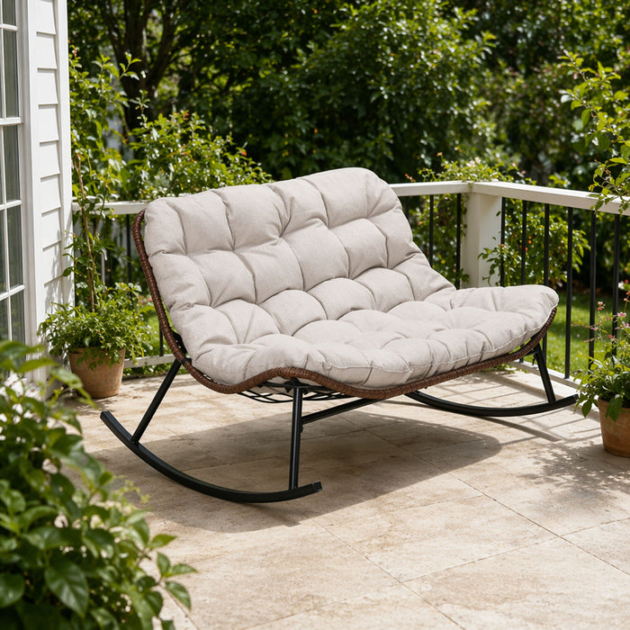Double Wide Rocking Papasan Chair, 2 Person Outdoor Lounge Seating - Acacia Wood / Beige