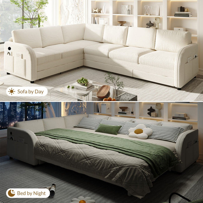 L-Shaped Couch With Pull-Out Bed, Convertible Sleeper Sofa With Side Pocket & USB Port