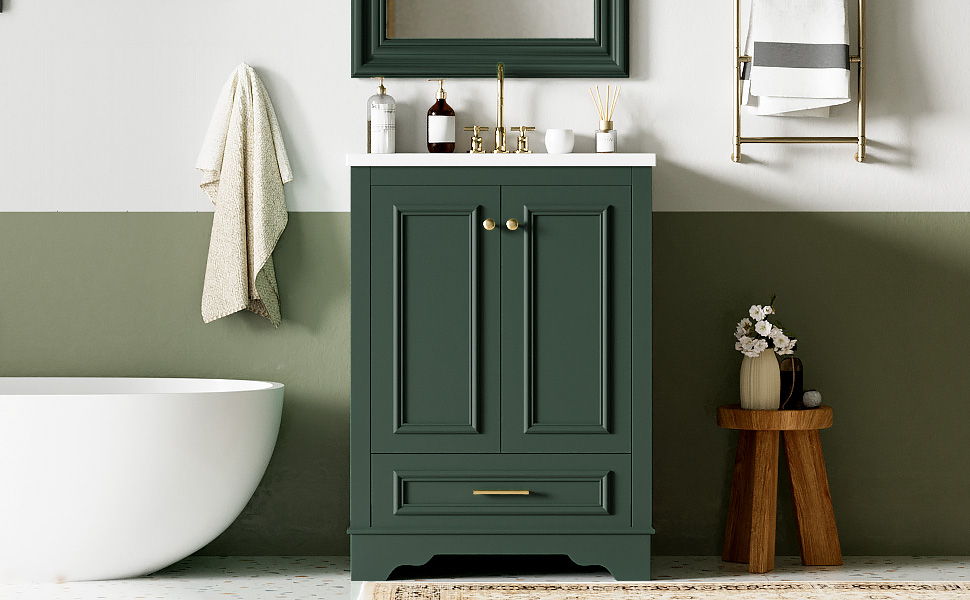 Bathroom Vanity With Ceramic Sink Combo, Modern Freestanding Storage Cabinet With Silver Handles