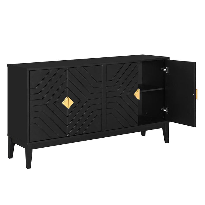 4 Door Sideboard Storage Cabinet For Living Room And Dining Room, 2 Large Cabinets With Gold Handles And Adjustable Shelf - Black
