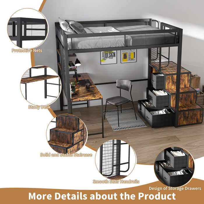 Heavy Duty Full Loft Bed With Desk & USB Charging Metal Frame With Storage Drawers And Staircase - Black