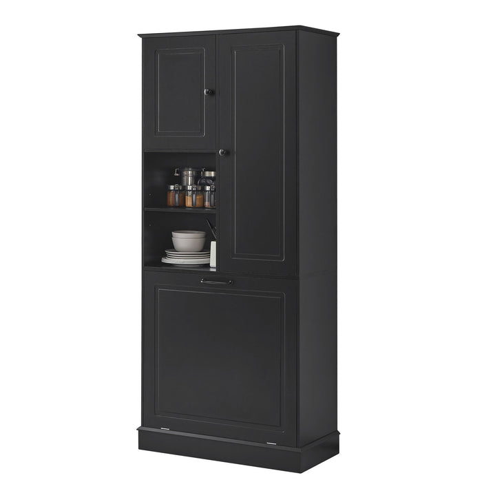Modern Tall Storage Cabinet With Adjustable Shelves, Flip-Out Basket & Enclosed Doors