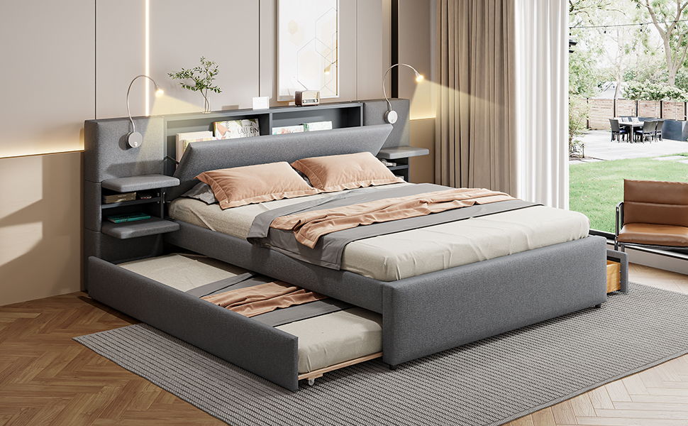 Upholstered Platform Bed With Reading Lights, Drawers, Trundle And Shelves