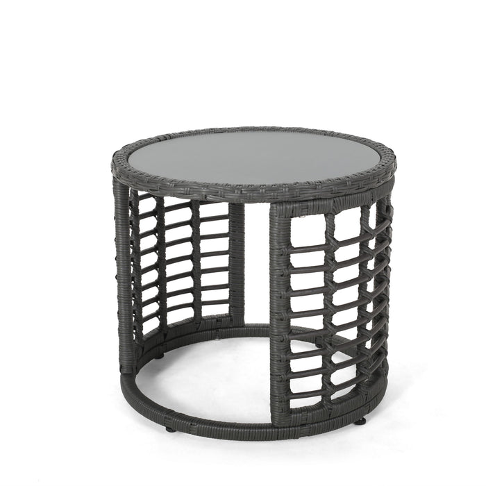 Achill - Outdoor Modern Boho Wicker Side Table With Glass Top - Gray