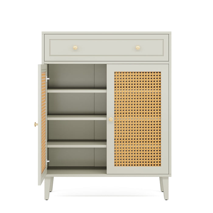 Shoe Cabinet With Rattan Doors And Drawer, 4 Tier Storage Organizer - Mint Green