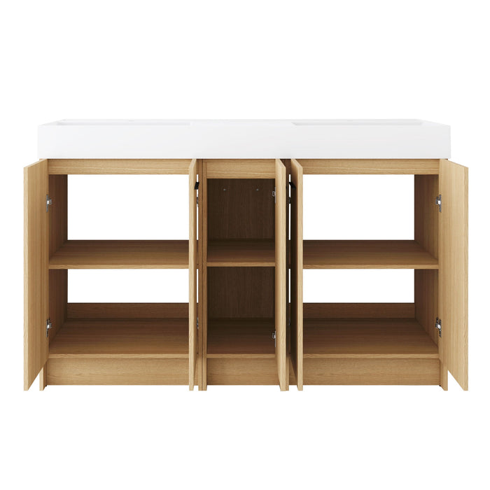 Double Sink Bathroom Vanity With Extra Large Storage, Integrated Sink, Freestanding Cabinet, Soft Close Doors - Glossy White / Light Oak