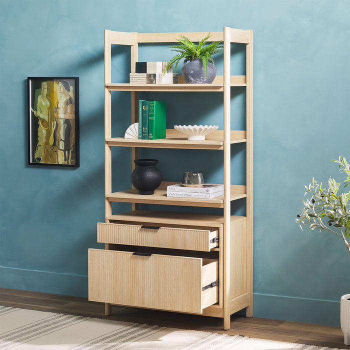 Transitional Wide Reeded Bookshelf With Drawers On Bottom