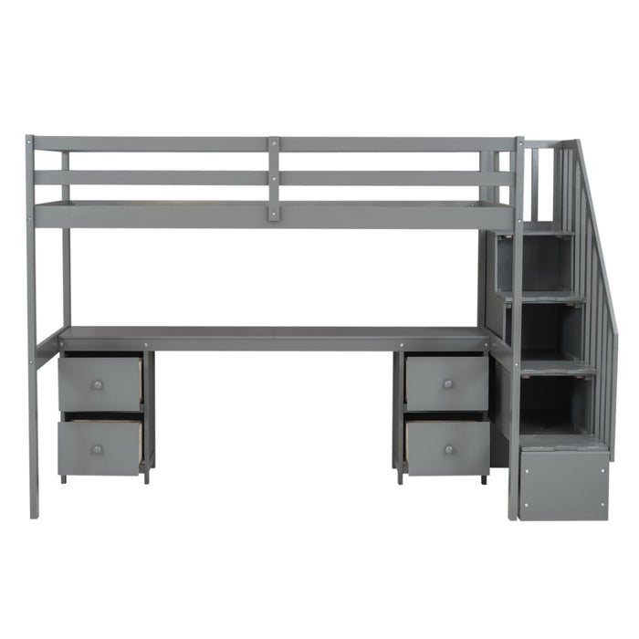 Loft Bed Frame With Built In Desk And Double Storage Drawers