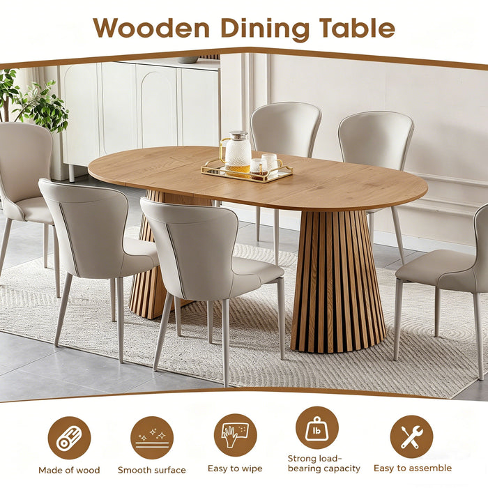 Dining Table, Flexible Extendable Oval Design With Slatted Legs - Natural Wood