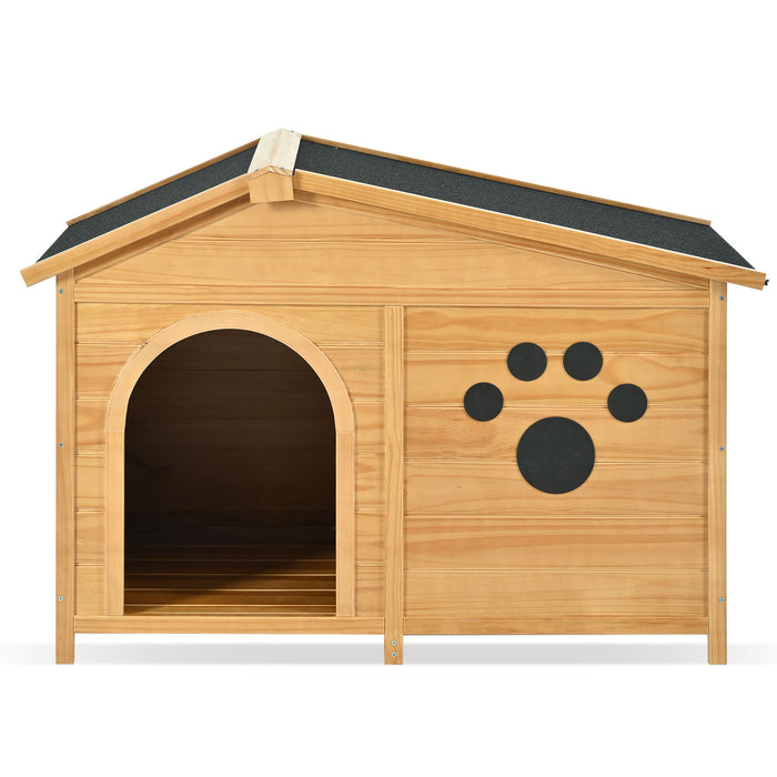 Wooden Dog House Outdoor With Porch, Dog Kennel With Water Resistant Asphalt Roof And Fencing, Indoor & Outdoor Dog Crate With Paw Print, Medium - Nature