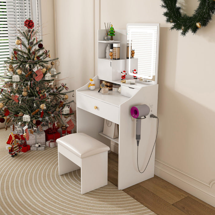 3 Color LED Vanity Mirror With Stool, Dressing Table For Bedroom, 2 Drawers & 5 Storage Cabinets (4 Open + 1 Hidden), Adjustable Lighting - White