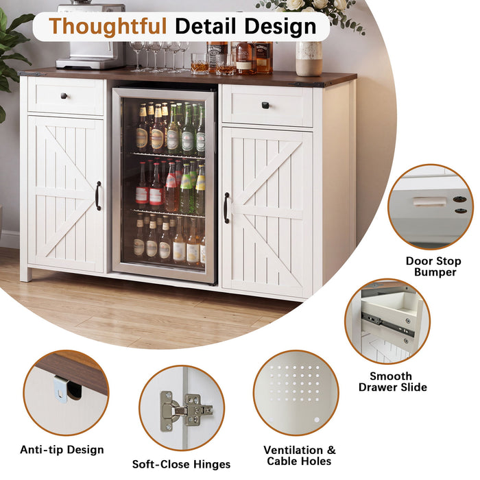 Coffee Bar With Mini Fridge Space & Built In Charging Station, Large Bar Cabinet With Drawers & Adjustable Shelves For Kitchen - White