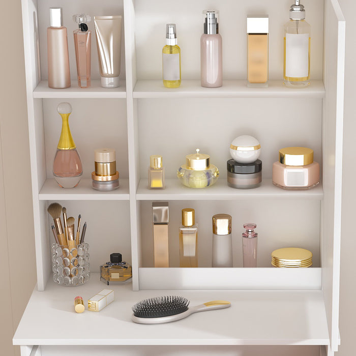 Modern Mini Dressing Table With Led-Lit Mirror & Hidden Storage, Adjustable Brightness Vanity Desk - White