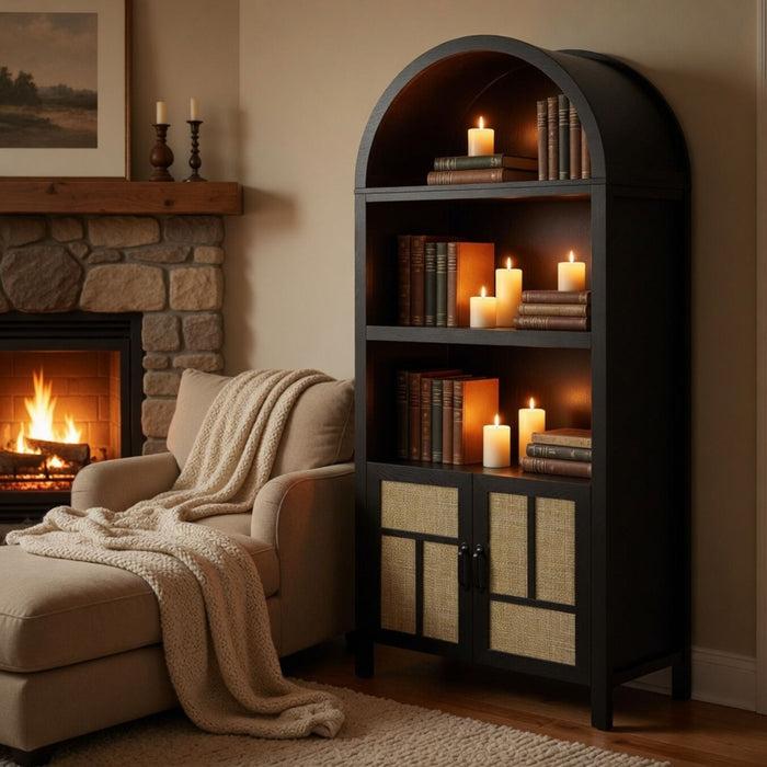 Arched Pantry Cabinet With Adjustable Storage & Doors - Black