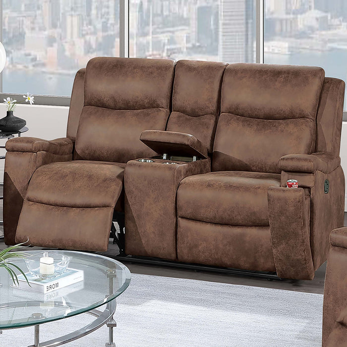 1 Piece Manual Motion Loveseat Hidden Cup Holder Console With Plush Back Cushion For Living Room - Walnut