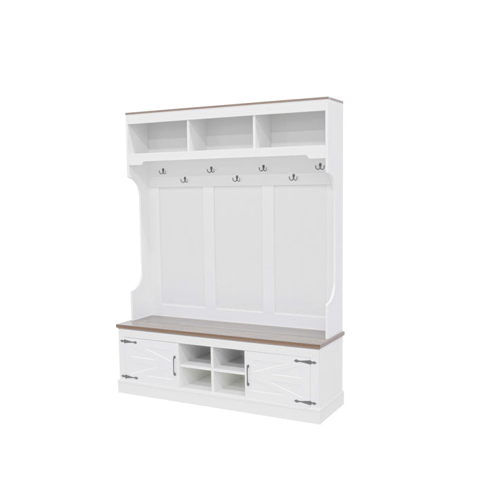 Hall Tree With Bench And Shoe Storage, 5 In 1 Entryway Organizer Cabinet With Coat Rack, 4 Shoe Cubbies & 7 Hooks - White