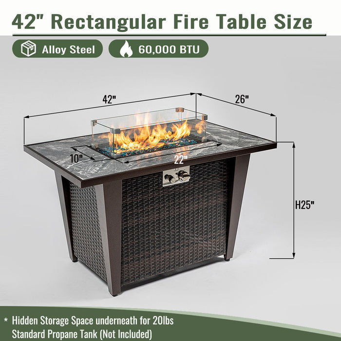 Fire Pit Table, Glass Wind Guard And Rain Cover, Lid - Brown