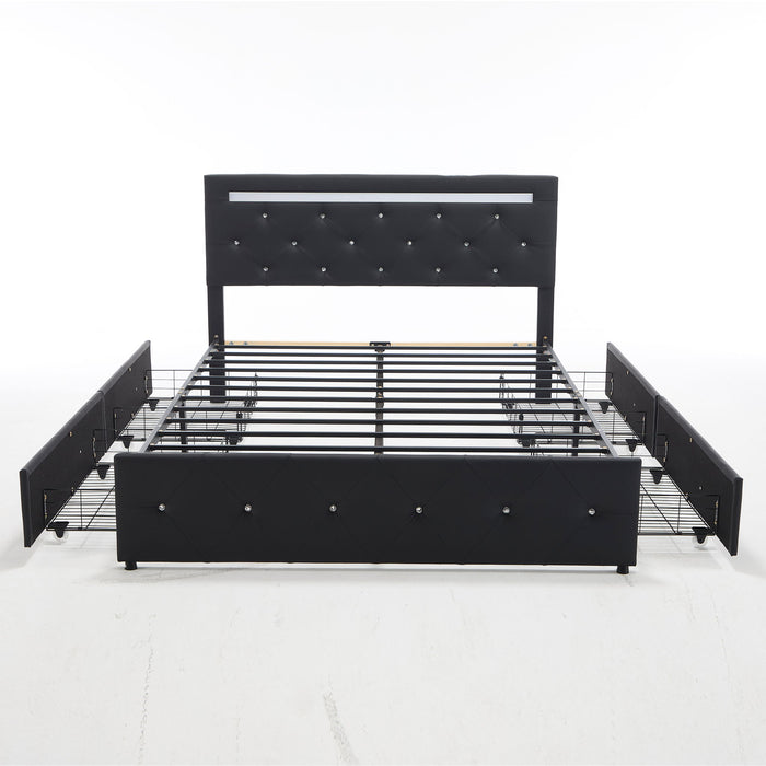 Upholstered Bed Frame With LED Lights, 4 Storage Drawers, Charging Station