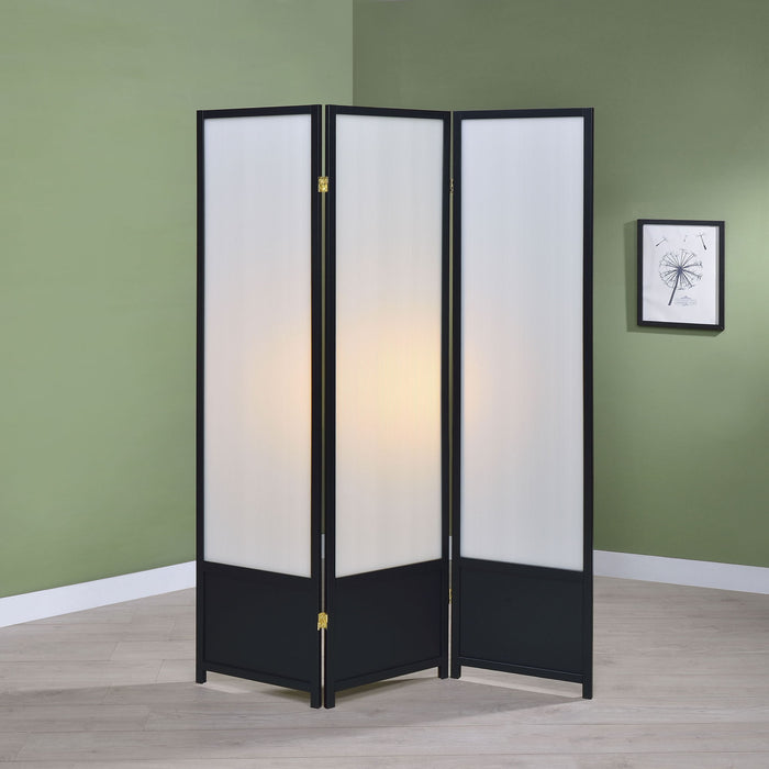 Halifax - 3 Panel Floor Screen With Translucent Inserts Room Divider - Black