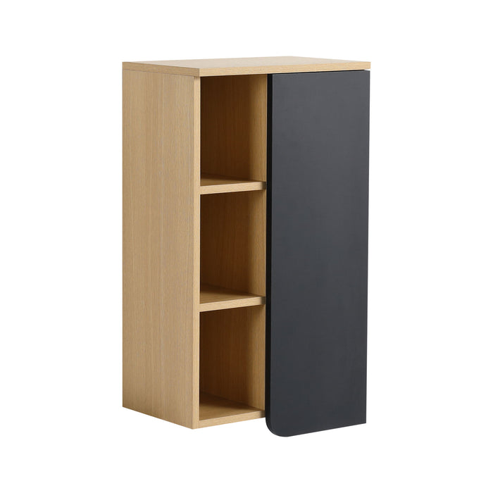 Wall Mounted Bathroom Side Cabinet, Single Door With 3 Tier Open Shelves - Black / Light Oak / White