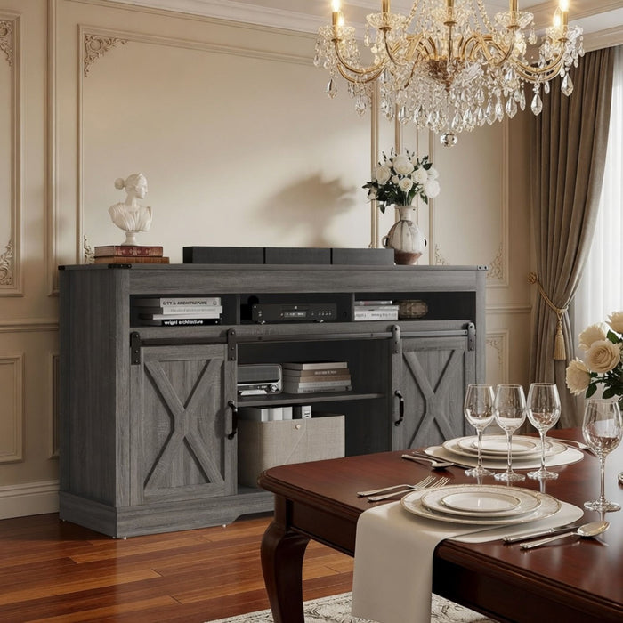 Farmhouse TV Stand With Sliding Barn Doors & Adjustable Storage