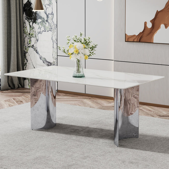 Modern Minimalist Dining Table With Imitation Marble Glass Surface And Metal Legs - White