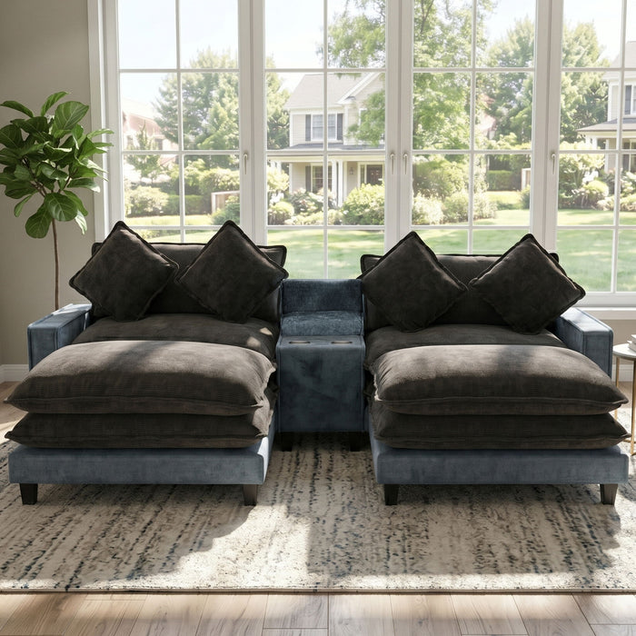 Sectional Sofa With Removable Ottomans, USB Ports, Cup Holders & Storage - Gray / Light Blue