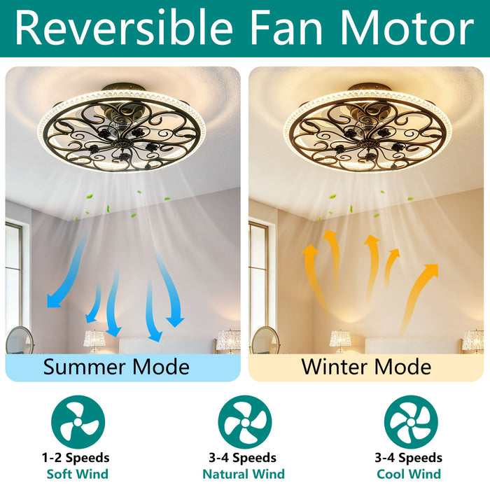 Flower Caged Ceiling Fan With LED Light And Remote Control - Matte Black