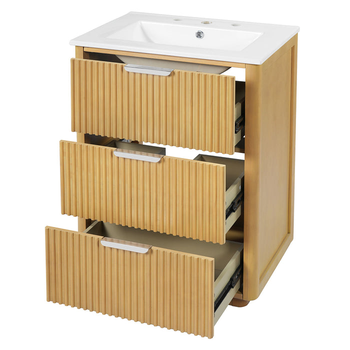 Bathroom Vanity With Sink, Open Shelf & Closed Storage - Natural Wood