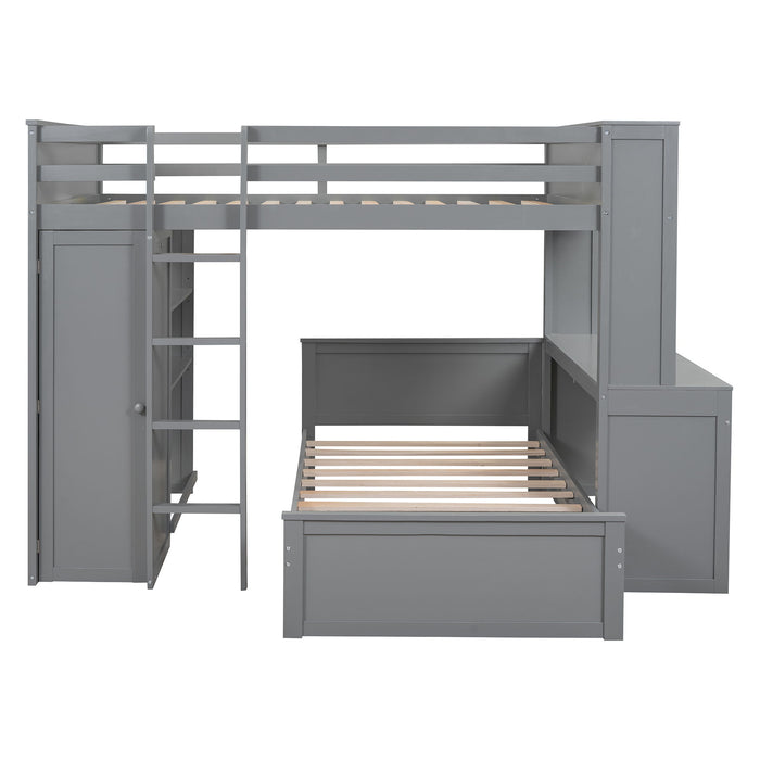 Loft Bed With A Twin Size Standalone Bed, Shelves, Desk, And Wardrobe