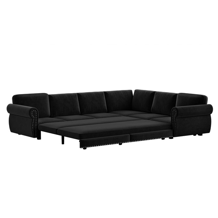 L-Shaped Sofa Couch With Pull Out Bed With Nailhead Trim & Rolled Arm
