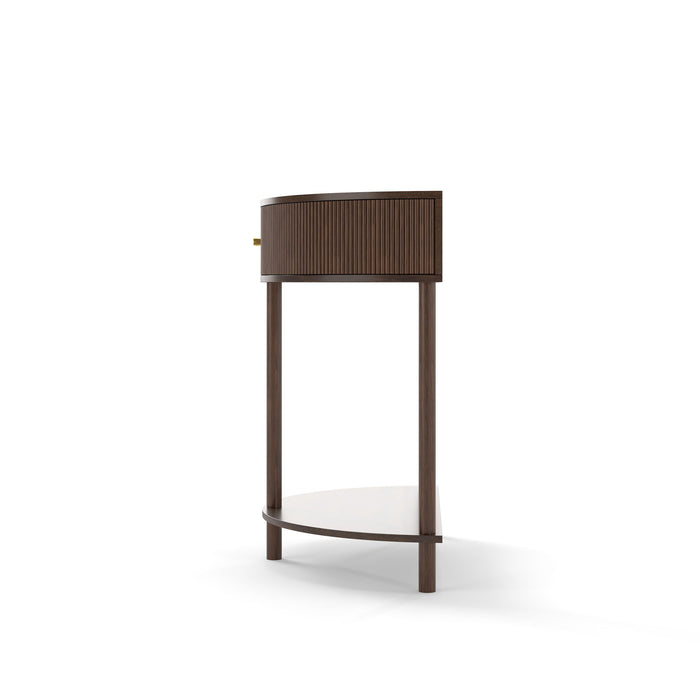 Boho Rattan Semi Circle End Table With Sliding Rattan Door, Storage And Bottom Shelf