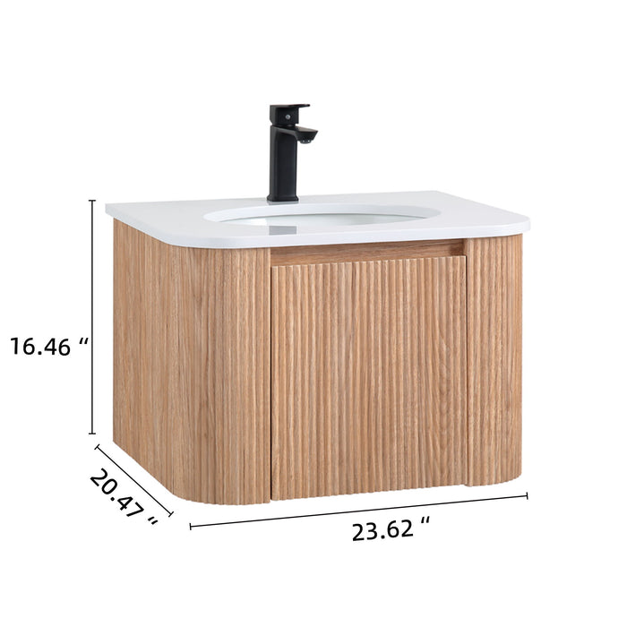 Wall Mounted Bathroom Vanity With Countertop, Sink, Curved Design With Stripe - Natural Wood