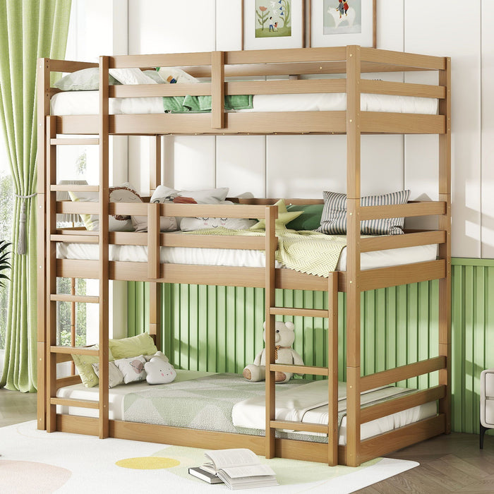 Twin Over Twin Over Twin Triple Bunk Bed With 2 Built In Ladders, Guardrails - Natural