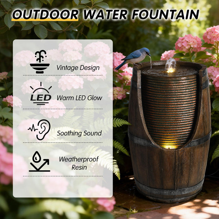Rustic Barrel Water Fountain With LED Light